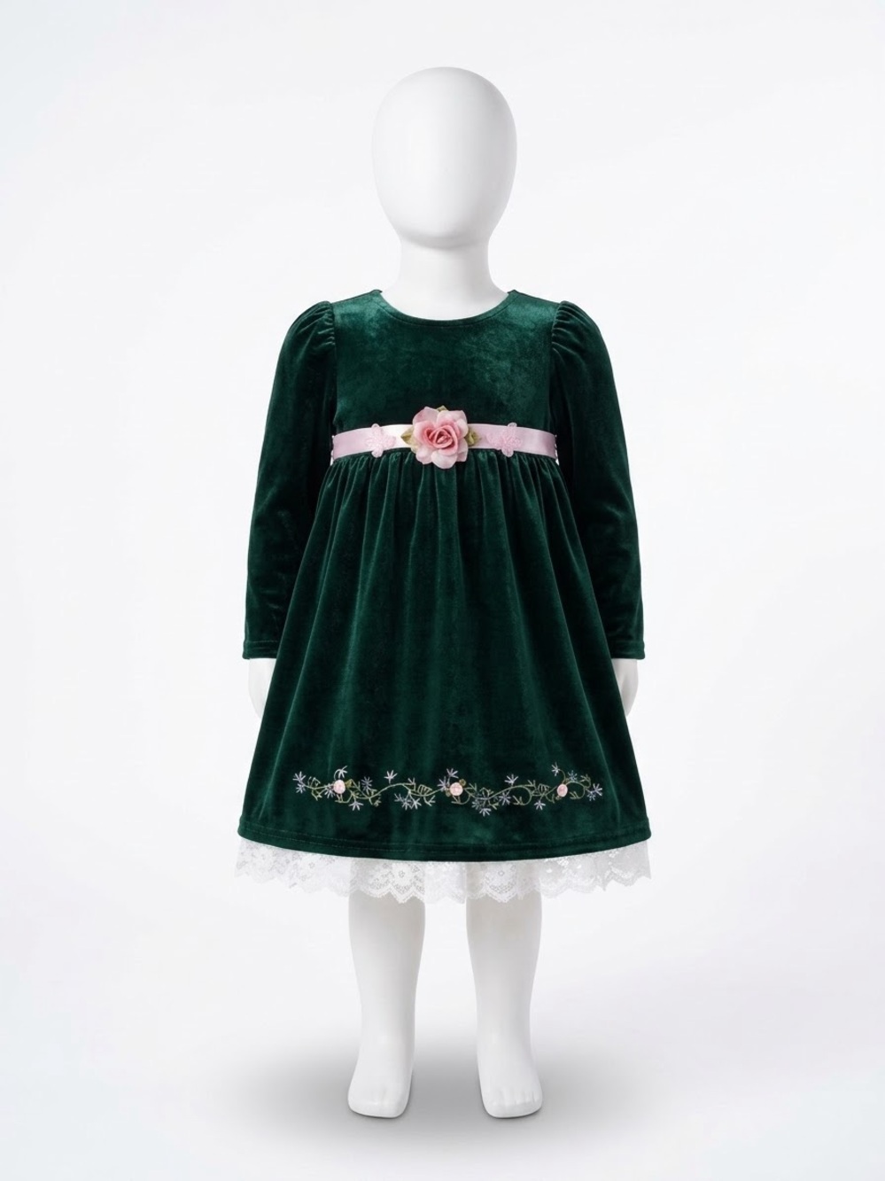 Classic Green Velvet Girls' Dress with Pink Rose Sash